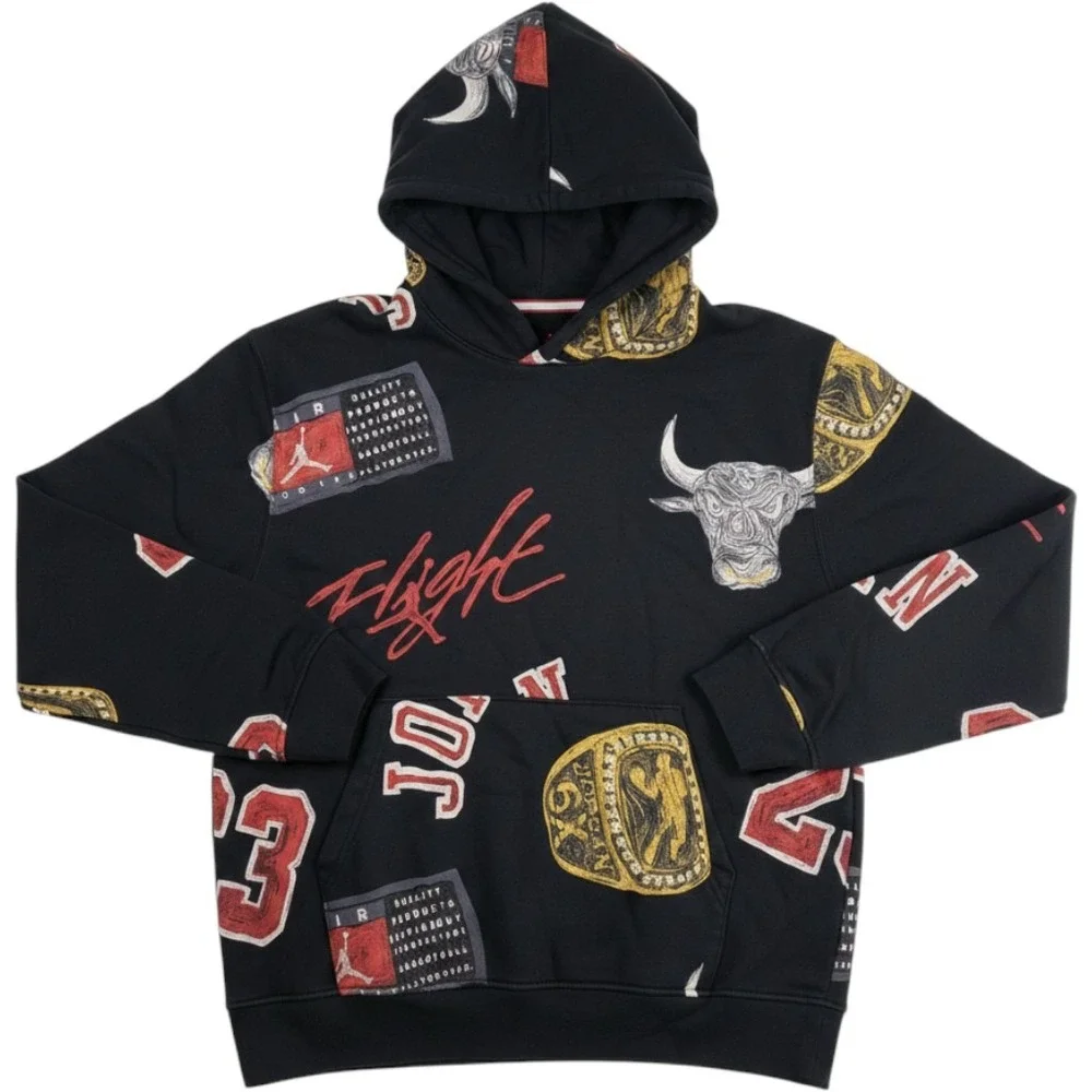 Jordan Mens Large Chicago Bulls Championship Rings All Over Print Hoodie Black